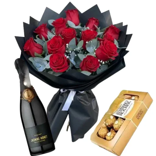 Ramo de 12 rosas rojas importadas rocher x8 y espumante